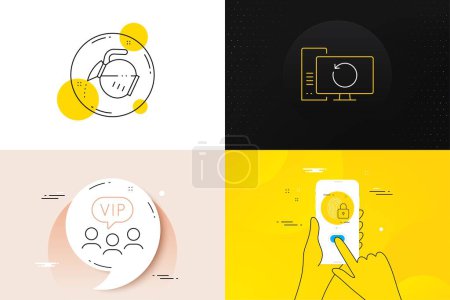 Illustration for Minimal set of Recovery computer, Coffee pot and Vip clients line icons. Phone screen, Quote banners. Lock icons. For web development. Backup info, Tea drink, Exclusive privilege. Vector - Royalty Free Image