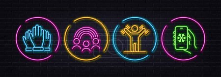 Illustration for Vote, Dumbbells workout and Inclusion minimal line icons. Neon laser 3d lights. Air conditioning icons. For web, application, printing. Voting hands, Fitness athlete, Equity rainbow. Vector - Royalty Free Image