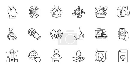 Illustration for Outline set of Thumb down, Disability and Security app line icons for web application. Talk, information, delivery truck outline icon. Vector - Royalty Free Image