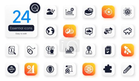 Illustration for Set of Science flat icons. Money currency, Handout and Windy weather elements for web application. Search, Pencil, Chemistry pipette icons. Cloud communication, Face detect, Puzzle elements. Vector - Royalty Free Image