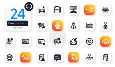 Illustration for Set of Education flat icons. Fake news, Difficult stress and Stress elements for web application. Marketing, Medal, Copy documents icons. Project edit, Voice wave, Account elements. Vector - Royalty Free Image