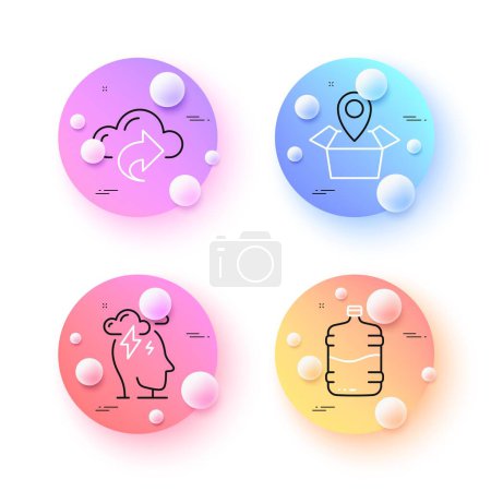 Illustration for Package location, Cooler bottle and Stress minimal line icons. 3d spheres or balls buttons. Cloud share icons. For web, application, printing. Delivery tracking, Water drink, Mind anxiety. Vector - Royalty Free Image