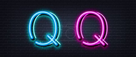 Illustration for Initial letter Q icon. Neon light line effect. Line typography character sign. Large first font letter. Glowing neon light element. Letter Q glow 3d line. Brick wall banner. Vector - Royalty Free Image