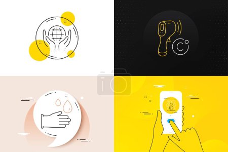 Illustration for Minimal set of Rubber gloves, Difficult stress and Organic tested line icons. Phone screen, Quote banners. Electronic thermometer icons. For web development. Vector - Royalty Free Image
