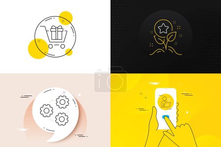 Illustration for Minimal set of Video conference, Loyalty points and Shopping cart line icons. Phone screen, Quote banners. Gears icons. For web development. Start presentation, Bonus grows, Gift box. Vector - Royalty Free Image