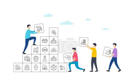 Illustration for Engineering line icons. People team work concept. Teamwork, People and Technical documentation. Blueprint with gear, engineer and construction helmet set icons. Vector - Royalty Free Image