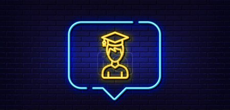 Illustration for Neon light speech bubble. Man in Graduation cap line icon. Education sign. Student hat symbol. Neon light background. Student glow line. Brick wall banner. Vector - Royalty Free Image