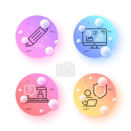 Illustration for Shield, Analytics graph and Faq minimal line icons. 3d spheres or balls buttons. Brand contract icons. For web, application, printing. Online secure, Growth report, Web support. Edit report. Vector - Royalty Free Image