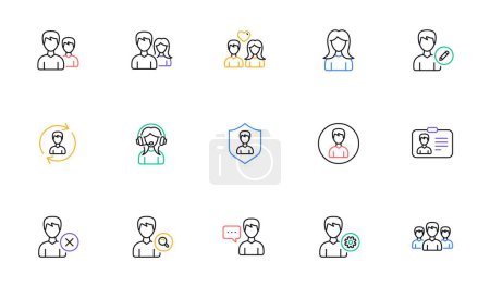Téléchargez les illustrations : Icônes de ligne de personne utilisateur. Profil, groupe et support. Ensemble d'icônes linéaires. Éléments de contour bicolore. Vecteur - en licence libre de droit