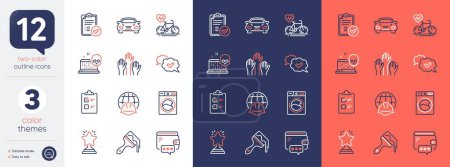 Illustration for Set of Car, Checklist and Washing machine line icons. Include Approved, Voting hands, Global engineering icons. Cardio bike, Winner, Wallet web elements. Approved report, Brush, Cyber attack. Vector - Royalty Free Image