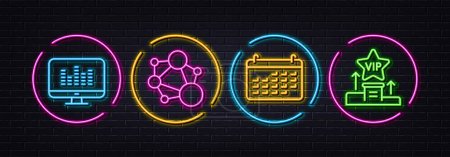 Illustration for Music making, Integrity and Calendar minimal line icons. Neon laser 3d lights. Vip podium icons. For web, application, printing. Dj app, Social network, Business audit. Exclusive privilege. Vector - Royalty Free Image