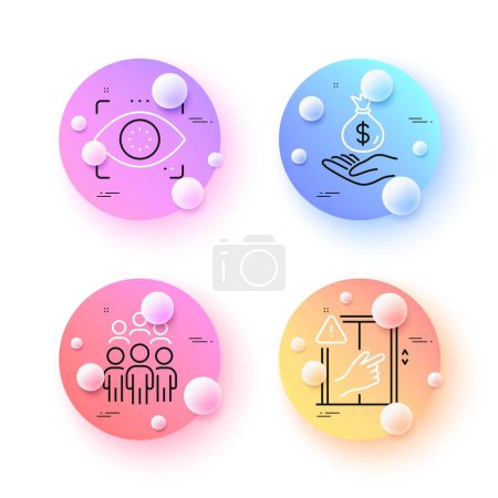 Illustration for Eye detect, Income money and Group people minimal line icons. 3d spheres or balls buttons. Dont touch icons. For web, application, printing. Retina check, Savings, Business meeting. Vector - Royalty Free Image