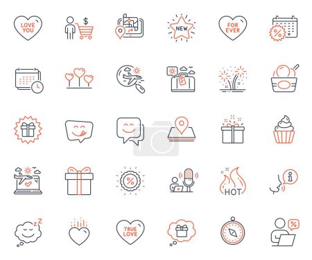 Illustration for Holidays icons set. Included icon as Special offer, Search flight and Gps web elements. Sleep, Travel compass, Pin icons. Ice cream, Surprise gift, New star web signs. Hot sale, True loveHeart. Vector - Royalty Free Image