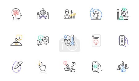 Illustration for Support, Stress and Eye drops line icons for website, printing. Collection of Online voting, Interview, Inclusion icons. Touchscreen gesture, Thumb down, Social distance web elements. Vector - Royalty Free Image