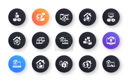 Illustration for Work at home icons. Remote worker, Freelance job, Office employee. Stay at home, internet work, remote teamwork icons. Worker with computer, home workspace, shared network. Circle web buttons. Vector - Royalty Free Image