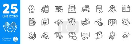Illustration for Outline icons set. Fake news, Question button and Technical algorithm icons. Mail newsletter, Time management, Manual web elements. Cloud computing, Bill accounting, Work home signs. Vector - Royalty Free Image