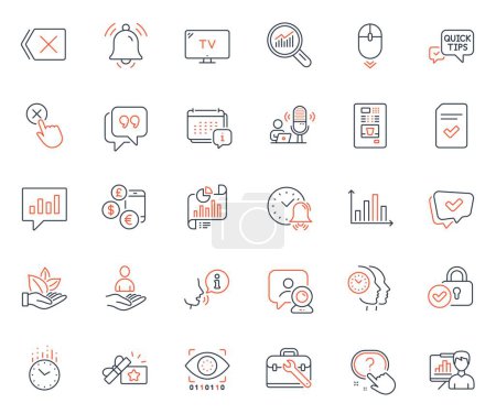 Illustration for Technology icons set. Included icon as Time management, Presentation board and Report document web elements. Quick tips, Remove, Notification bell icons. Data analysis, Recruitment. Vector - Royalty Free Image