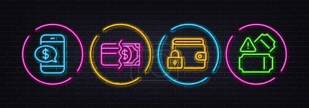 Illustration for Phone payment, Payment methods and Lock minimal line icons. Neon laser 3d lights. Tickets icons. For web, application, printing. Mobile pay, Credit card, Blocked wallet. Admission entrance. Vector - Royalty Free Image