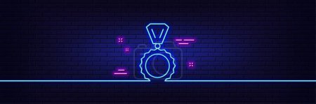 Illustration for Neon light glow effect. Award Medal line icon. Winner achievement symbol. Glory or Honor sign. 3d line neon glow icon. Brick wall banner. Medal outline. Vector - Royalty Free Image