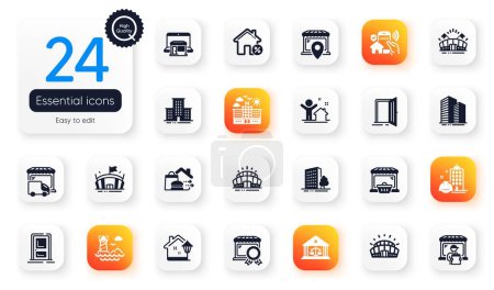 Illustration for Set of Buildings flat icons. Arena stadium, Street light and Best market elements for web application. Entrance, Lighthouse, Sports arena icons. Food delivery, Buildings. Vector - Royalty Free Image