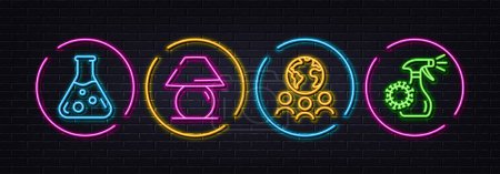 Illustration for Chemistry lab, Global business and Table lamp minimal line icons. Neon laser 3d lights. Coronavirus spray icons. For web, application, printing. Laboratory, Outsourcing, Bedside lamp. Vector - Royalty Free Image