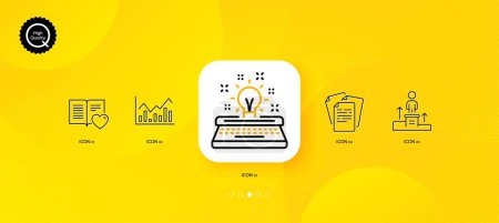 Illustration for Love book, Business podium and Infochart minimal line icons. Yellow abstract background. Typewriter, Documents icons. For web, application, printing. Vector - Royalty Free Image