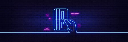 Illustration for Neon light glow effect. Credit card line icon. Hold Banking Payment card sign. ATM service symbol. 3d line neon glow icon. Brick wall banner. Payment card outline. Vector - Royalty Free Image