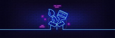 Illustration for Neon light glow effect. Paint brush line icon. Wall paintbrush box sign. Creative drawing art symbol. 3d line neon glow icon. Brick wall banner. Brush outline. Vector - Royalty Free Image
