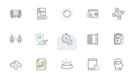 Illustration for Weariness, Medical analyzes and Payment exchange line icons for website, printing. Collection of Report, Tablet pc, Buying accessory icons. Dog feeding, Open door, Sunny weather web elements. Vector - Royalty Free Image