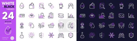 Illustration for Chemistry beaker, Search and Shipping support line icons for website, printing. Collection of Diagram graph, Wallet, Dermatologically tested icons. Fireworks, Latte coffee. Vector - Royalty Free Image