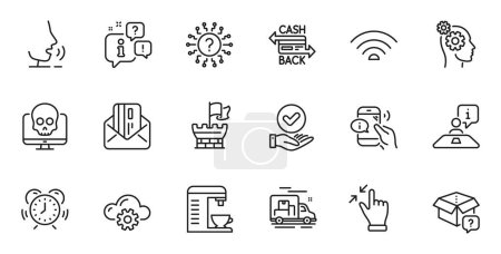 Illustration for Outline set of Approved checkbox, Thoughts and Wifi line icons for web application. Talk, information, delivery truck outline icon. Include Time management, Cashback card, Cyber attack icons. Vector - Royalty Free Image