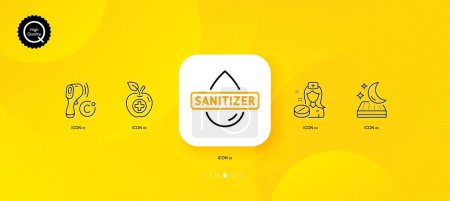 Illustration for Mattress, Nurse and Medical food minimal line icons. Yellow abstract background. Hand sanitizer, Electronic thermometer icons. For web, application, printing. Night bed, Medicine pill, Apple. Vector - Royalty Free Image