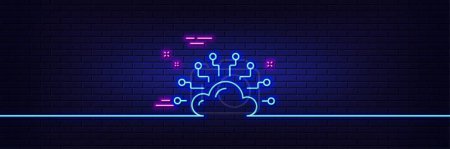 Illustration for Neon light glow effect. Cloud computing network line icon. Internet data storage sign. File hosting technology symbol. 3d line neon glow icon. Brick wall banner. Cloud network outline. Vector - Royalty Free Image