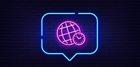 Illustration for Neon light speech bubble. Time zone line icon. World clock sign. Watch symbol. Neon light background. Time zone glow line. Brick wall banner. Vector - Royalty Free Image