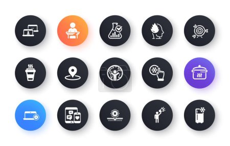 Illustration for Minimal set of Stress, Pin and Takeaway flat icons for web development. Outsource work, Target, Brand ambassador icons. Global business, Chemistry lab, Boiling pan web elements. Vector - Royalty Free Image