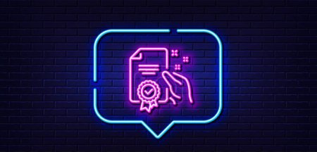 Illustration for Neon light speech bubble. Certificate line icon. High quality or Guarantee sign. Verified document symbol. Neon light background. Certificate glow line. Brick wall banner. Vector - Royalty Free Image