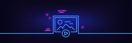 Illustration for Neon light glow effect. Start presentation line icon. Photo image thumbnail sign. Picture placeholder symbol. 3d line neon glow icon. Brick wall banner. Start presentation outline. Vector - Royalty Free Image