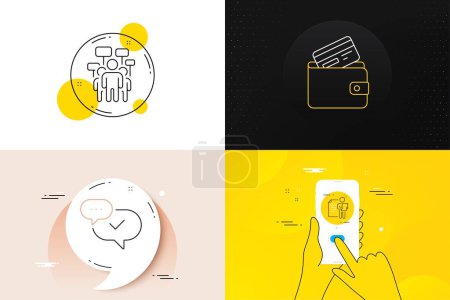 Illustration for Minimal set of Job interview, Debit card and Approved line icons. Phone screen, Quote banners. Voting campaign icons. For web development. Cv file, Wallet with credit card, Chat message. Vector - Royalty Free Image