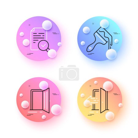 Illustration for Brush, Entrance and Inspect minimal line icons. 3d spheres or balls buttons. Open door icons. For web, application, printing. Art brush, Open door, Research document. Entrance. Vector - Royalty Free Image