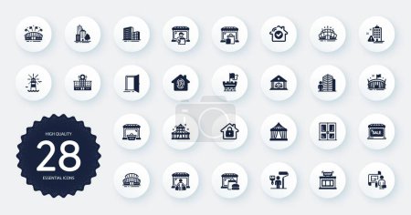 Illustration for Set of Buildings icons, such as Arena stadium, Door and Arena flat icons. Lighthouse, Delivery market, Circus tent web elements. Food market, Buildings, House security signs. Circle buttons. Vector - Royalty Free Image