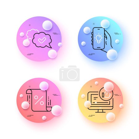 Illustration for Electric app, Approved and Like video minimal line icons. 3d spheres or balls buttons. Loan percent icons. For web, application, printing. Smartphone lantern, Comic message, Thumbs up. Vector - Royalty Free Image