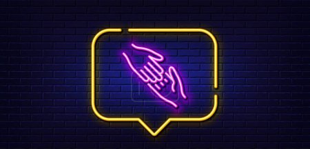 Illustration for Neon light speech bubble. Helping hand line icon. Give gesture sign. Charity palm symbol. Neon light background. Helping hand glow line. Brick wall banner. Vector - Royalty Free Image