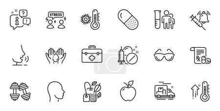 Illustration for Outline set of Mint bag, Eyeglasses and Capsule pill line icons for web application. Talk, information, delivery truck outline icon. Include Head, Wash hands, Dumbbells icons. Vector - Royalty Free Image