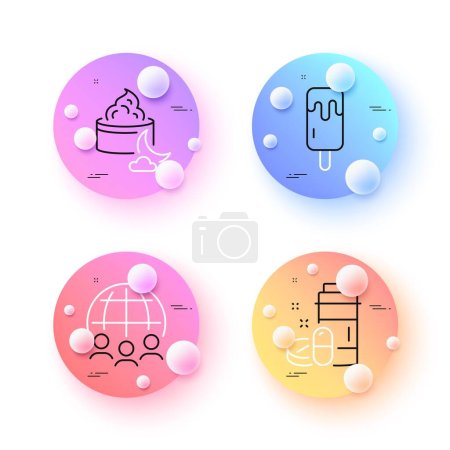 Illustration for Night cream, Global business and Medical drugs minimal line icons. 3d spheres or balls buttons. Ice cream icons. For web, application, printing. Face lotion, Outsourcing, Medicine bottle. Vector - Royalty Free Image