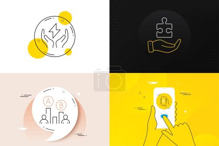 Illustration for Minimal set of Ab testing, Safe energy and Air conditioning line icons. Phone screen, Quote banners. Puzzle icons. For web development. Test chart, Thunderbolt, Smartphone weather. Jigsaw game. Vector - Royalty Free Image