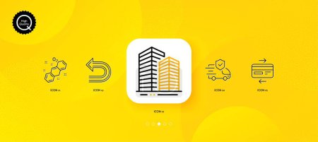 Illustration for Credit card, Transport insurance and Undo minimal line icons. Yellow abstract background. Skyscraper buildings, Chemical formula icons. For web, application, printing. Vector - Royalty Free Image