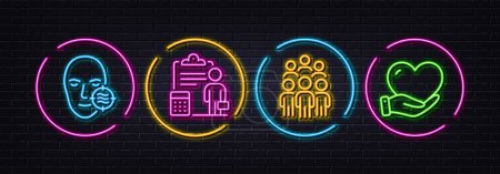 Illustration for Problem skin, Group people and Accounting minimal line icons. Neon laser 3d lights. Volunteer icons. For web, application, printing. Facial care, Business meeting, Report clipboard. Vector - Royalty Free Image