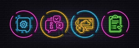 Illustration for Cogwheel, Info and Cloud computing minimal line icons. Neon laser 3d lights. Approved checklist icons. For web, application, printing. Engineering, Information chat, Computer storage. Vector - Royalty Free Image