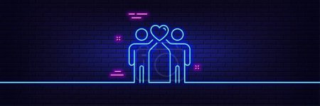 Illustration for Neon light glow effect. Friends couple line icon. Friendship sign. Assistance business symbol. 3d line neon glow icon. Brick wall banner. Friends couple outline. Vector - Royalty Free Image
