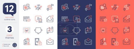 Illustration for Set of Correct answer, Search employee and Cyber attack line icons. Include Stress, Open mail, Map icons. Private payment, Video conference, Puzzle web elements. Journey, Incoming mail. Vector - Royalty Free Image